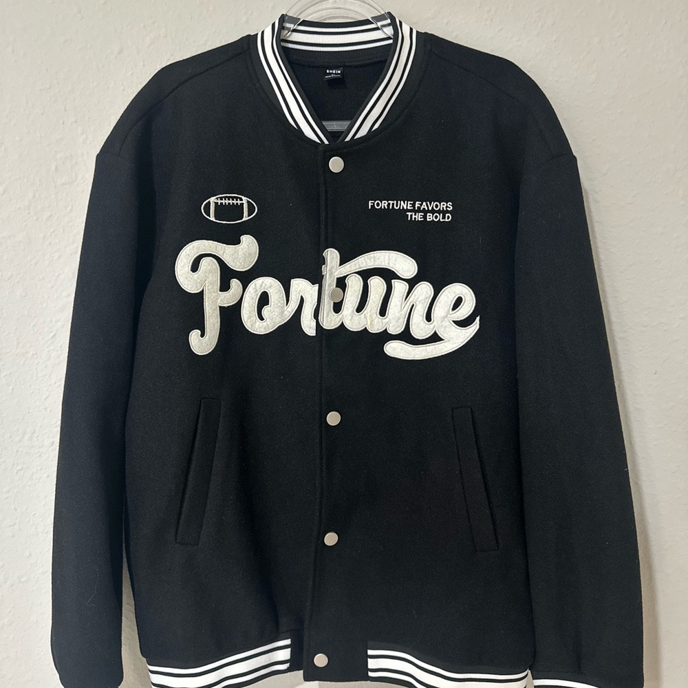 SHEIN Black Varsity Bomber Jacket with White.  Sz. XL